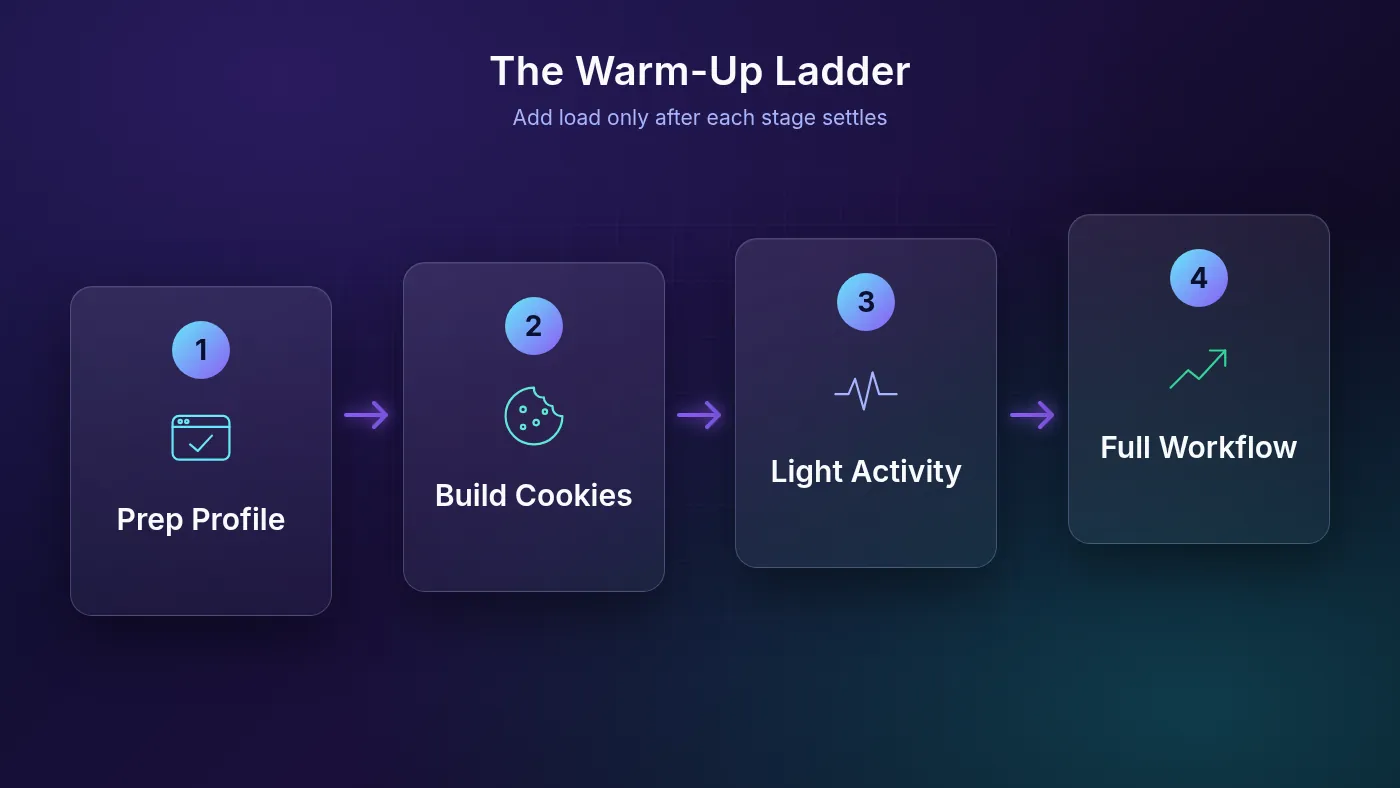 Account warm-up ladder diagram with four stages: prep profile, build cookies, light activity and full workflow in an antidetect browser