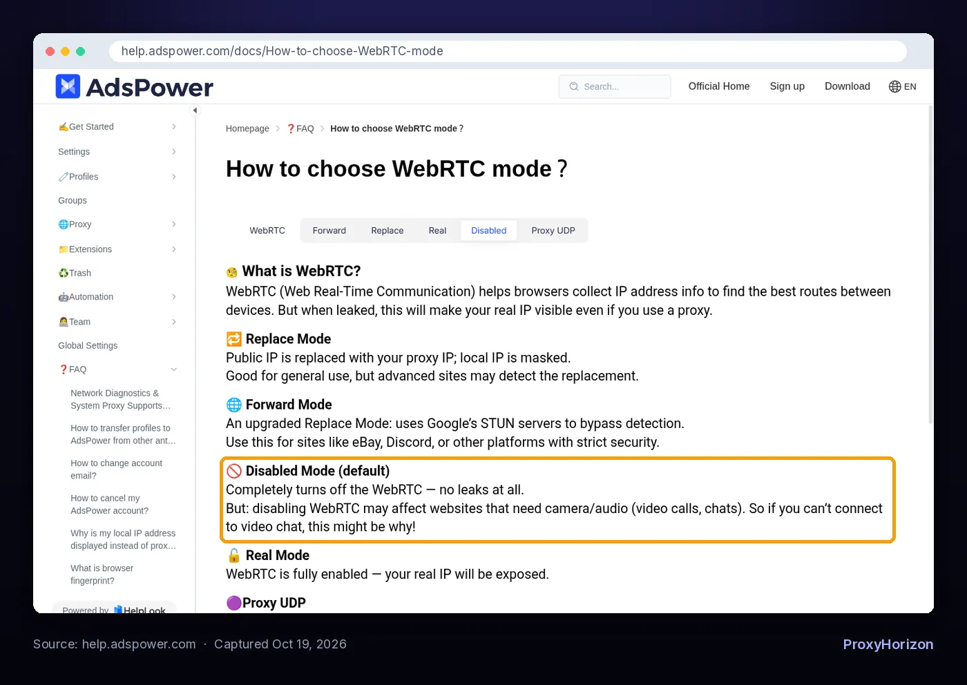 AdsPower help page explaining Replace, Forward, Disabled and Real WebRTC modes, with Disabled marked as the default mode