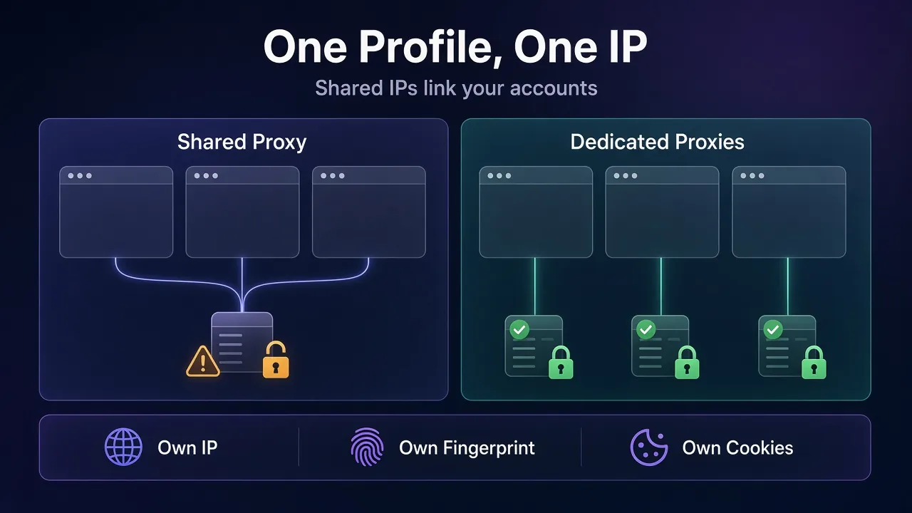 Diagram comparing antidetect profiles sharing one proxy, which links accounts, with each profile using its own dedicated proxy IP