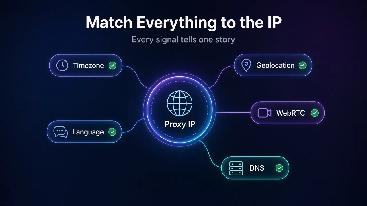 Mind map showing timezone, language, geolocation, WebRTC and DNS settings in an antidetect profile all matched to the proxy IP