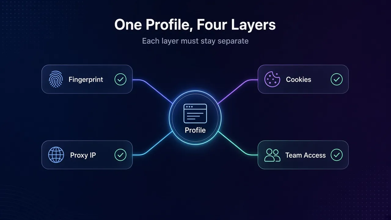 Diagram of an antidetect browser profile stack: fingerprint, proxy, cookies and teammate access around one profile