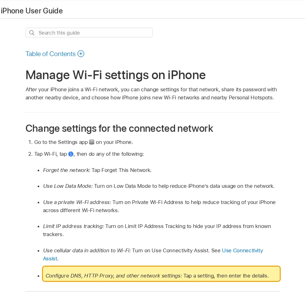 Apple iPhone User Guide page Manage Wi-Fi settings on iPhone with the step to configure DNS, HTTP Proxy and other network settings highlighted
