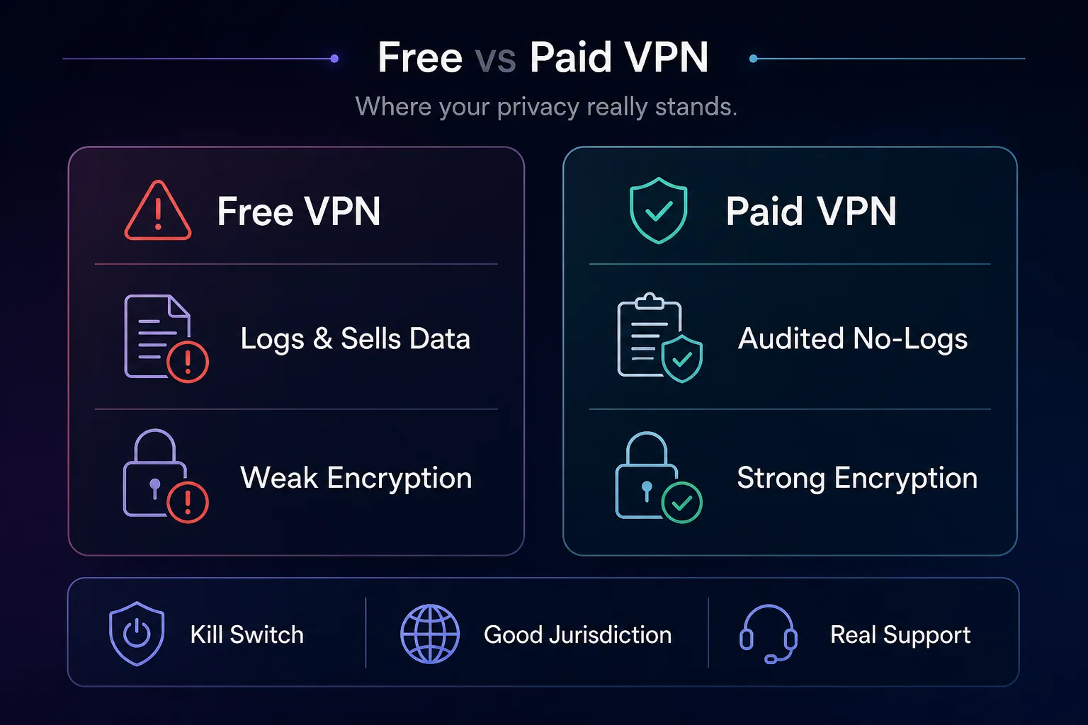 Comparison of free versus paid VPNs: free VPNs log and sell data with weak encryption, paid VPNs offer audited no-logs and strong encryption