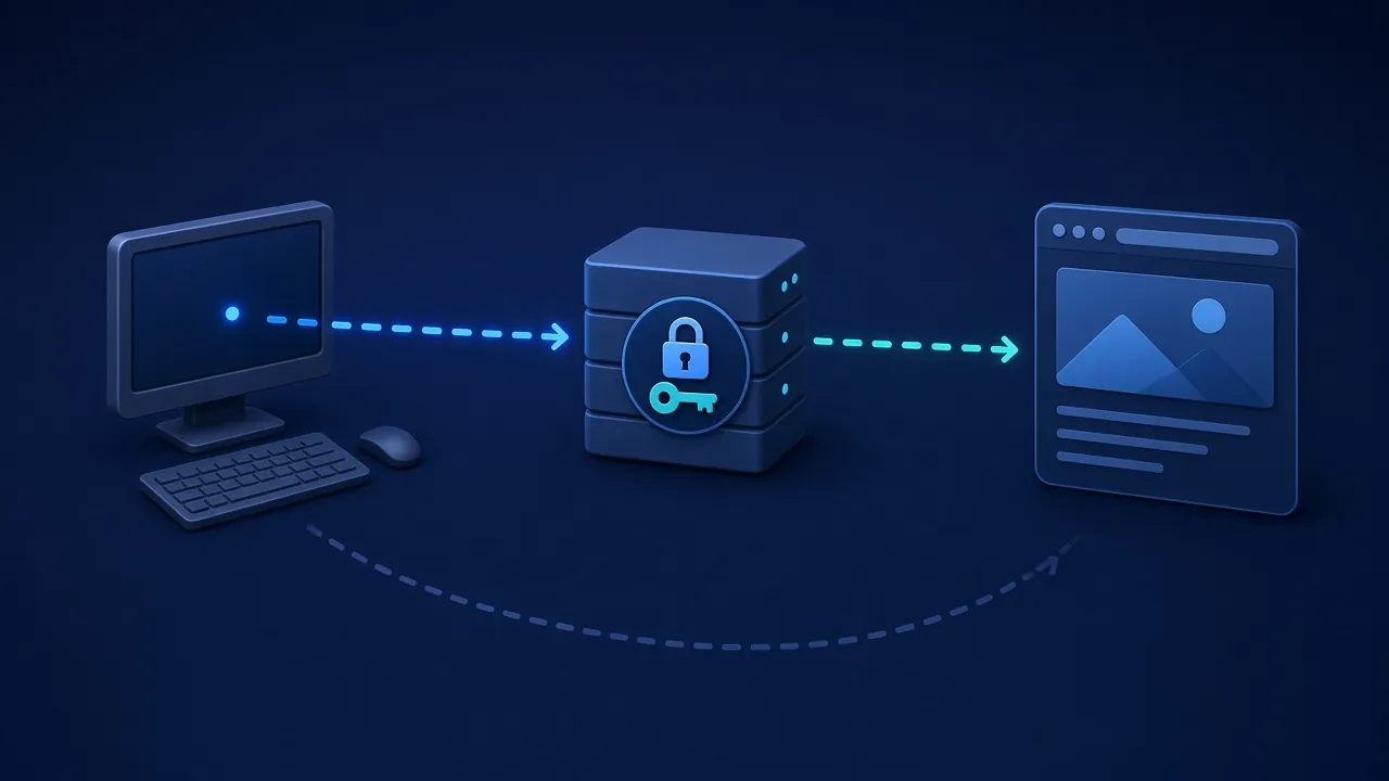 Diagram of a Windows PC connecting through an authenticated proxy with a padlock and key to a website, with a dashed bypass path for excepted sites