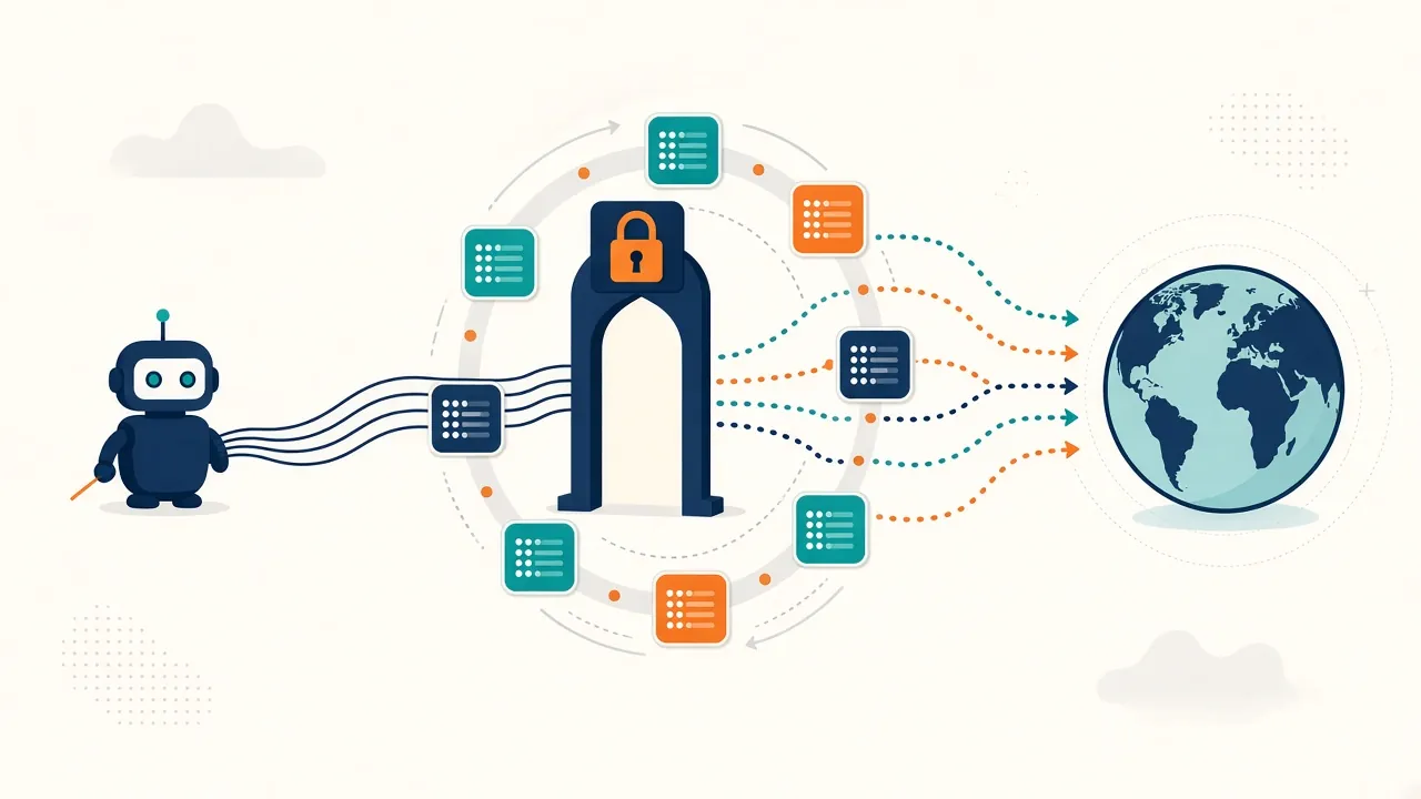 Illustration of a scraper bot sending requests through one secure backconnect gateway that rotates exit IP tokens before the traffic reaches websites around the globe