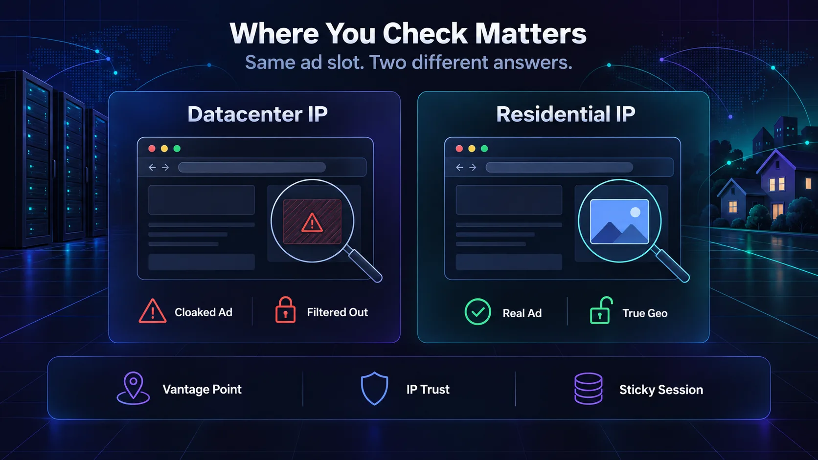 Comparison showing a cloaked ad served to a datacenter IP versus the real ad served to a residential IP