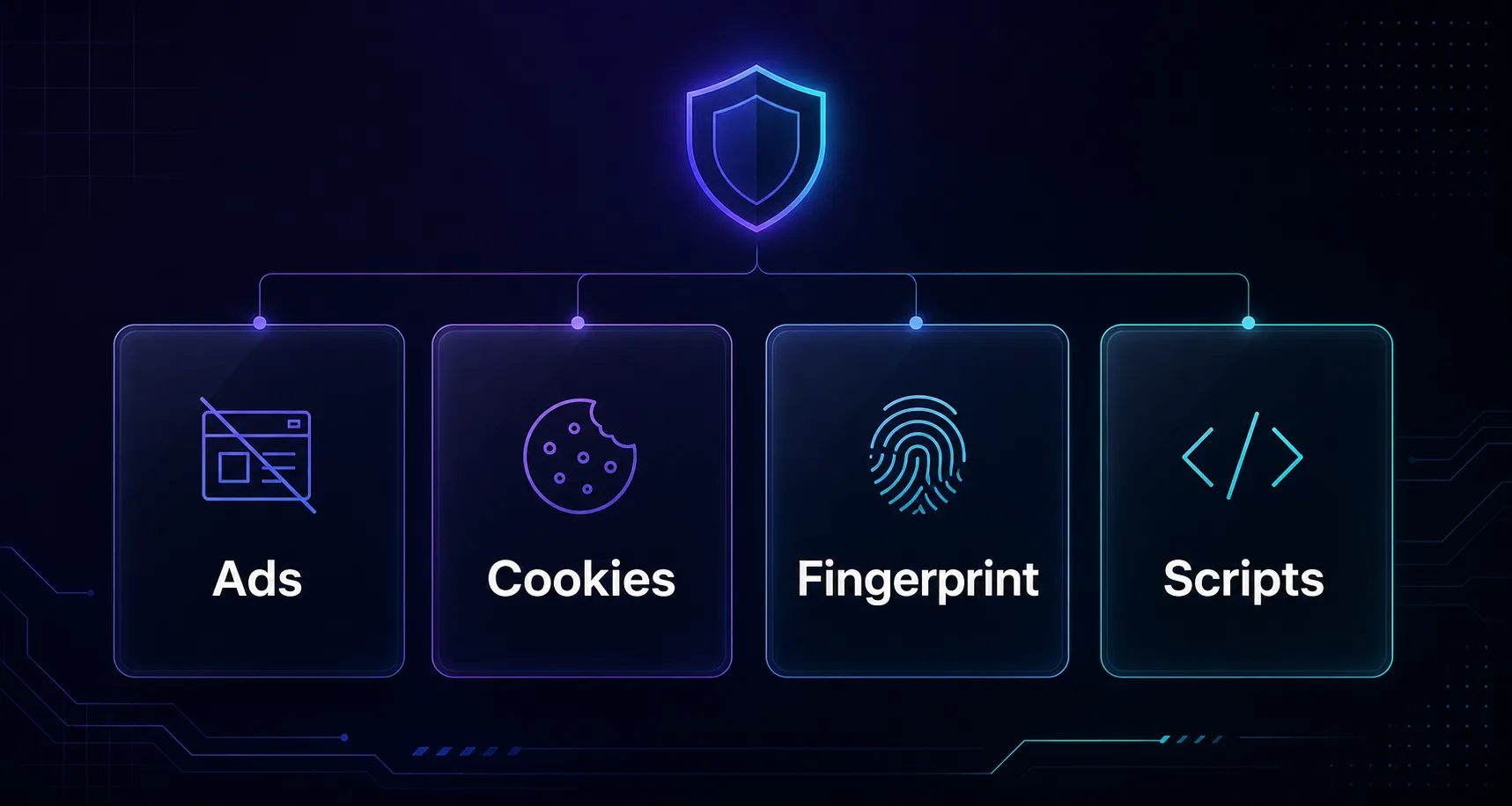 Infographic of the four things a privacy browser blocks: ads, cookies, fingerprinting, and tracking scripts
