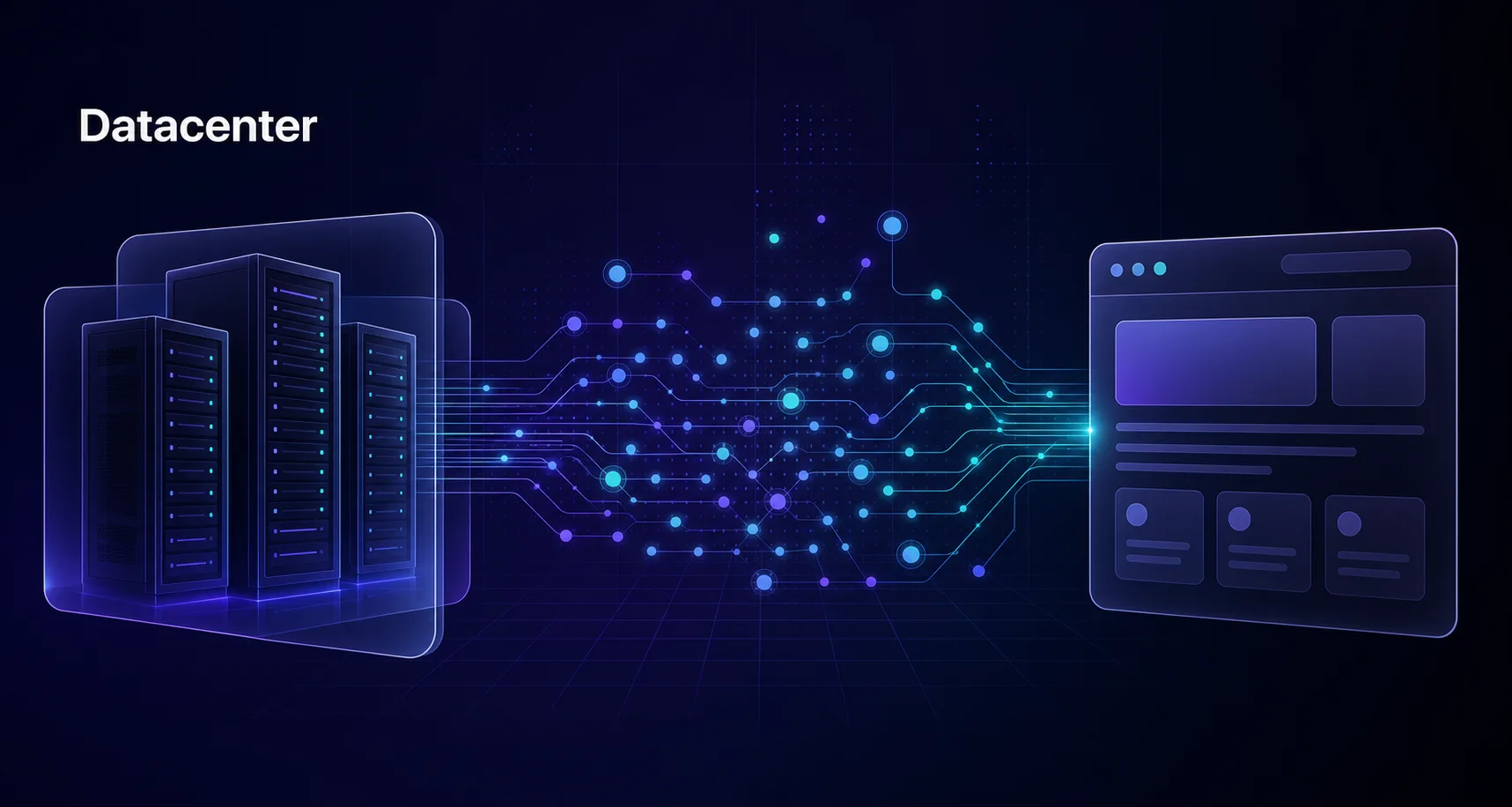 Concept illustration of datacenter server racks routing many proxy IP connections to a target website