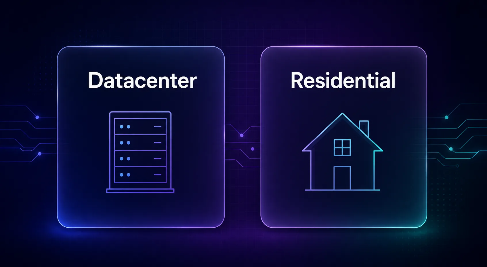 Infographic contrasting datacenter proxies (server-based) with residential proxies (home-IP based)