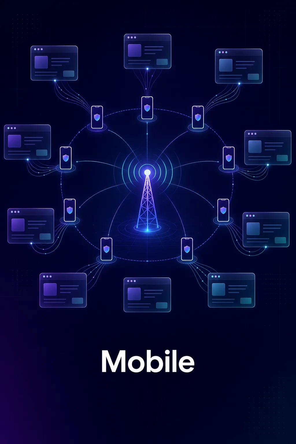 Concept illustration of a cell tower distributing carrier-grade mobile proxy IPs to many devices and websites
