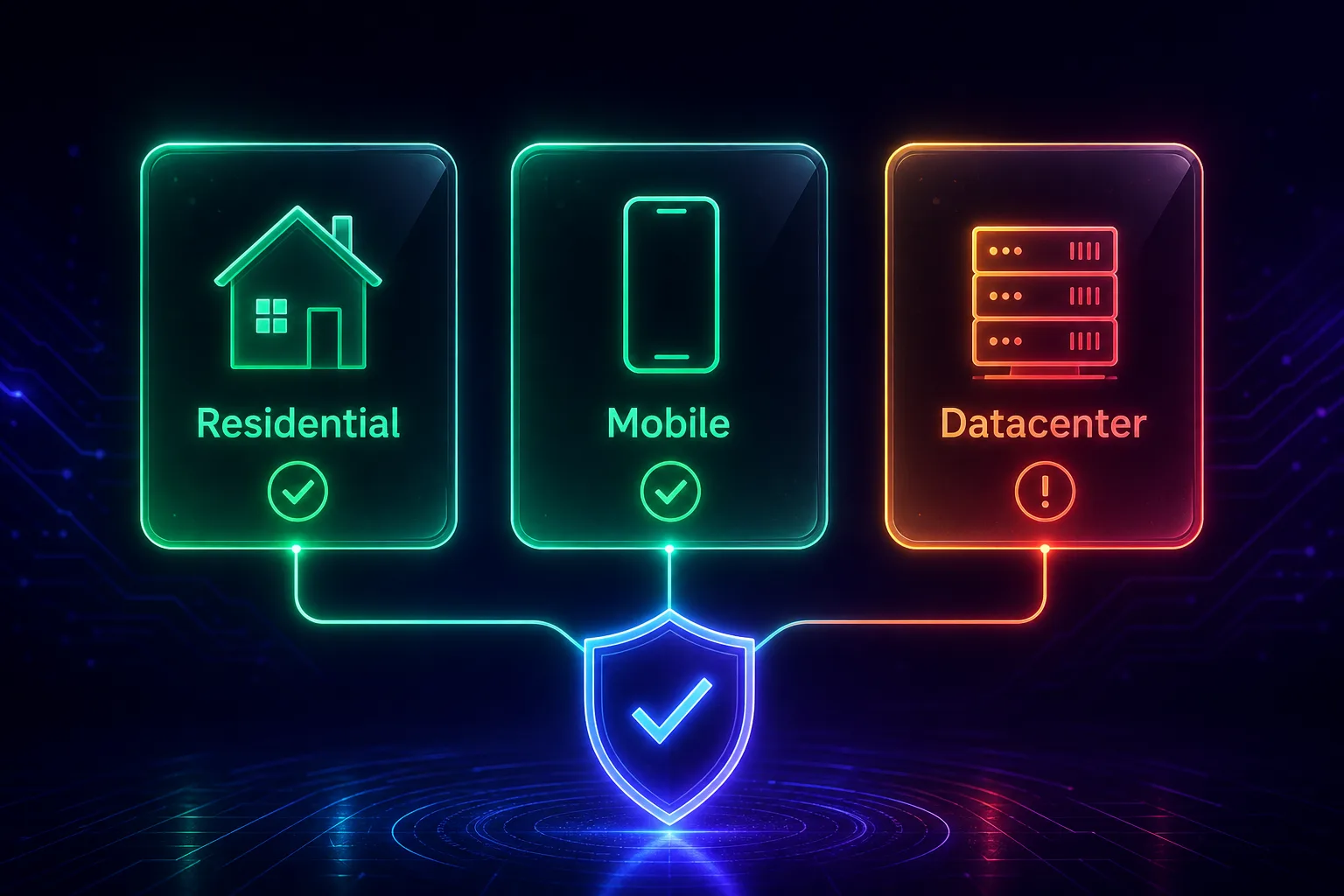 Comparison of proxy types for Discord: residential and mobile IPs are trusted, datacenter IPs are flagged