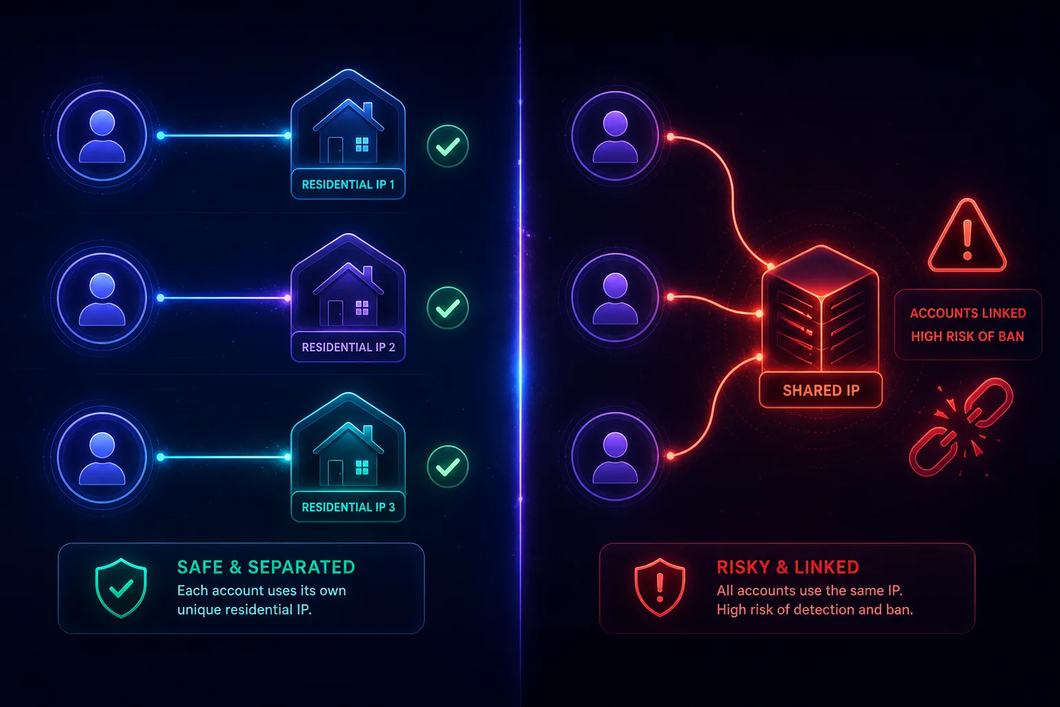 Diagram showing multiple Reddit accounts each on their own residential IP staying safe, versus multiple accounts sharing one IP getting linked and banned