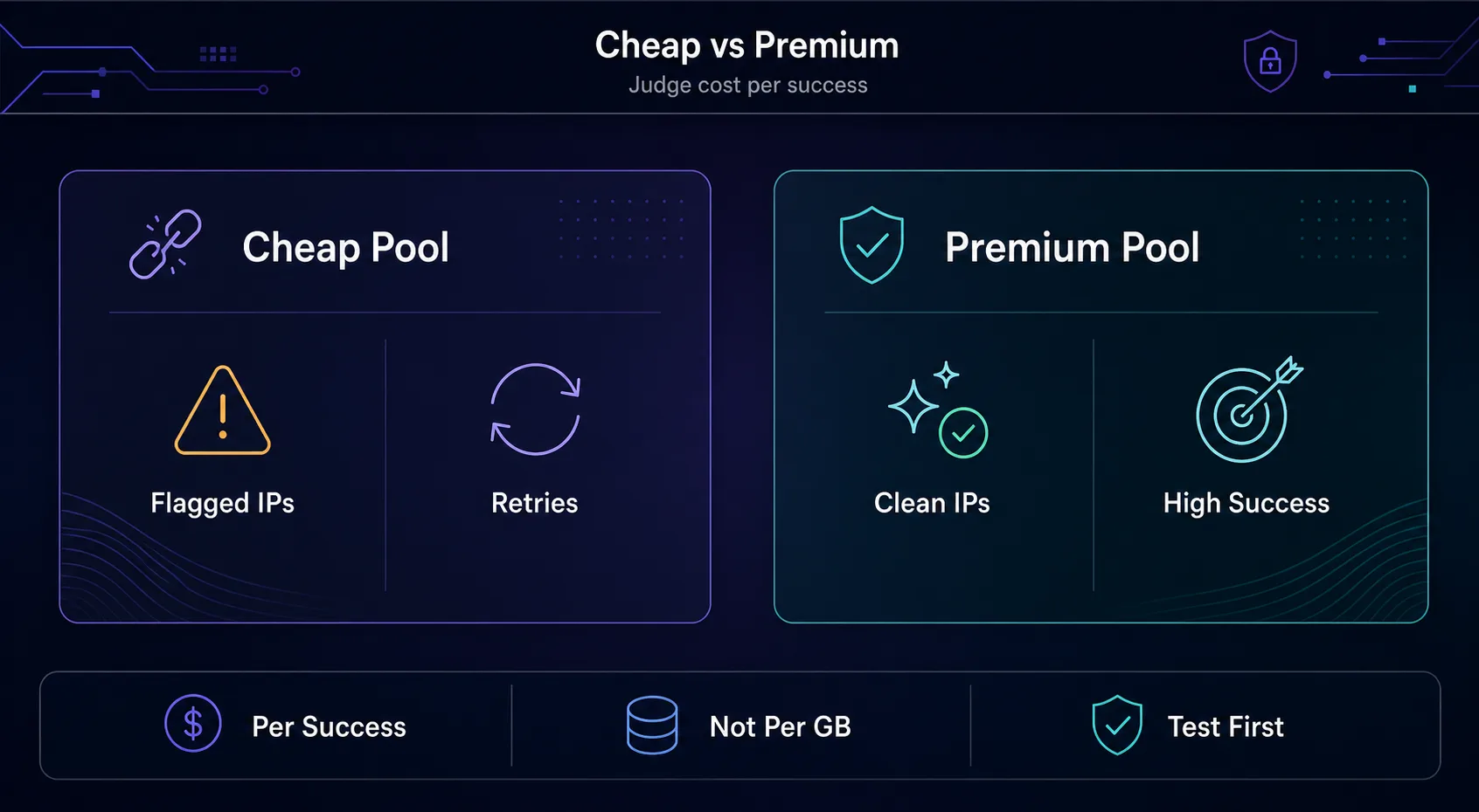 Cheap vs premium rotating pools: cheap pools have flagged IPs and retries, premium pools have clean IPs and high success