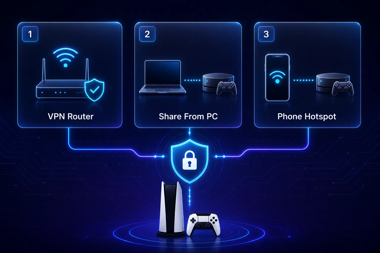 Three methods to set up a VPN on PS5: a VPN router, sharing the connection from a PC, or a phone hotspot