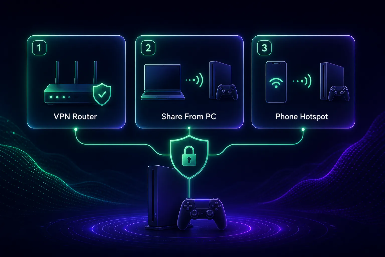 Three methods to set up a VPN on Xbox: a VPN router, sharing the connection from a PC, or a phone hotspot