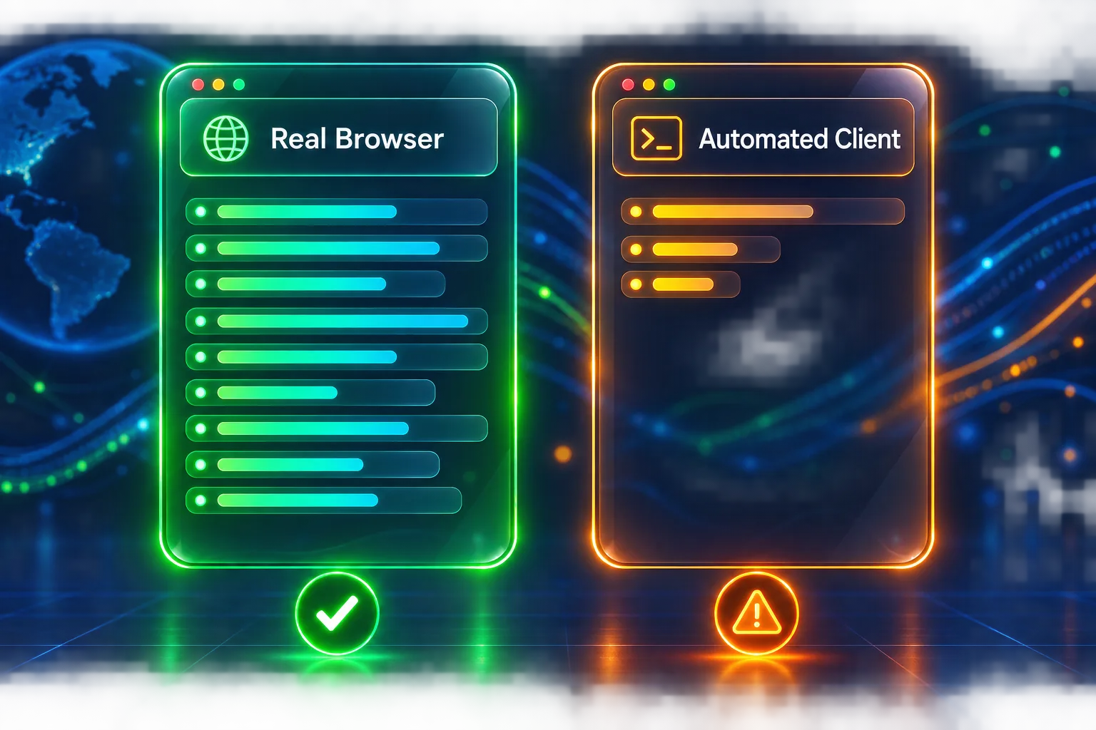 A real browser sends a long ordered set of headers while an automated client sends only a few