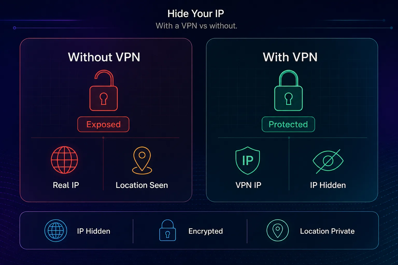 Comparison of browsing without a VPN (real IP exposed, location seen) versus with a VPN (VPN IP shown, real IP hidden, traffic encrypted)