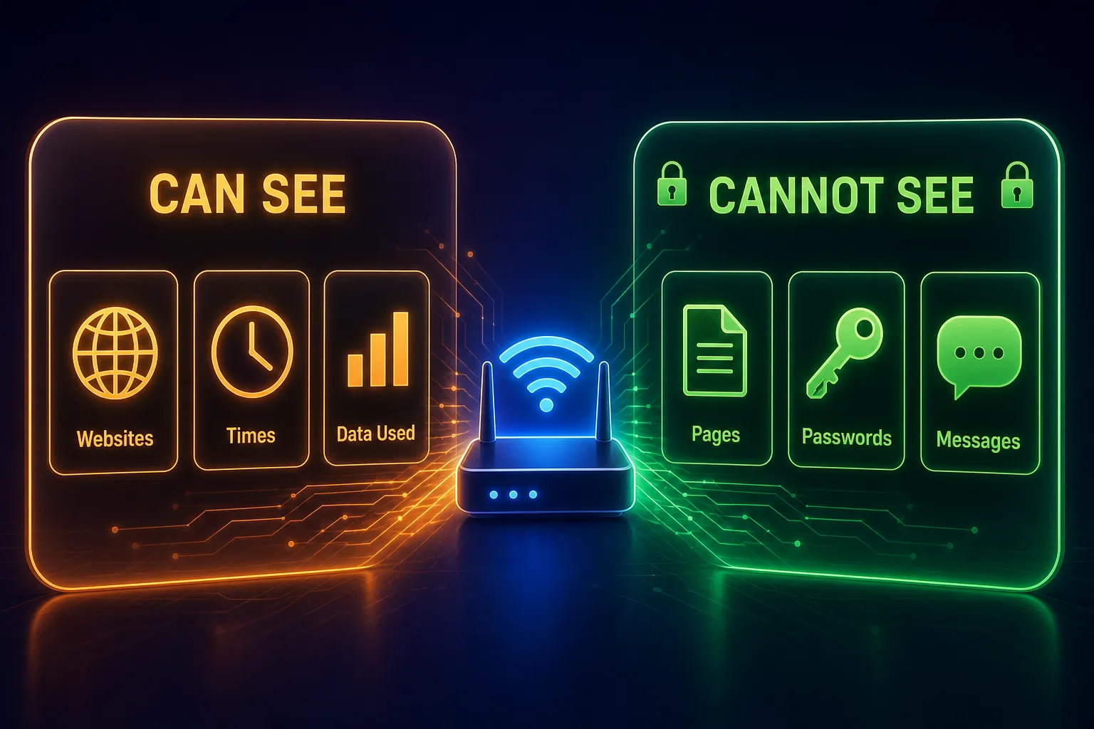 Diagram showing what a Wi-Fi owner can see (websites, times, data used) versus what they cannot see (pages, passwords, messages)