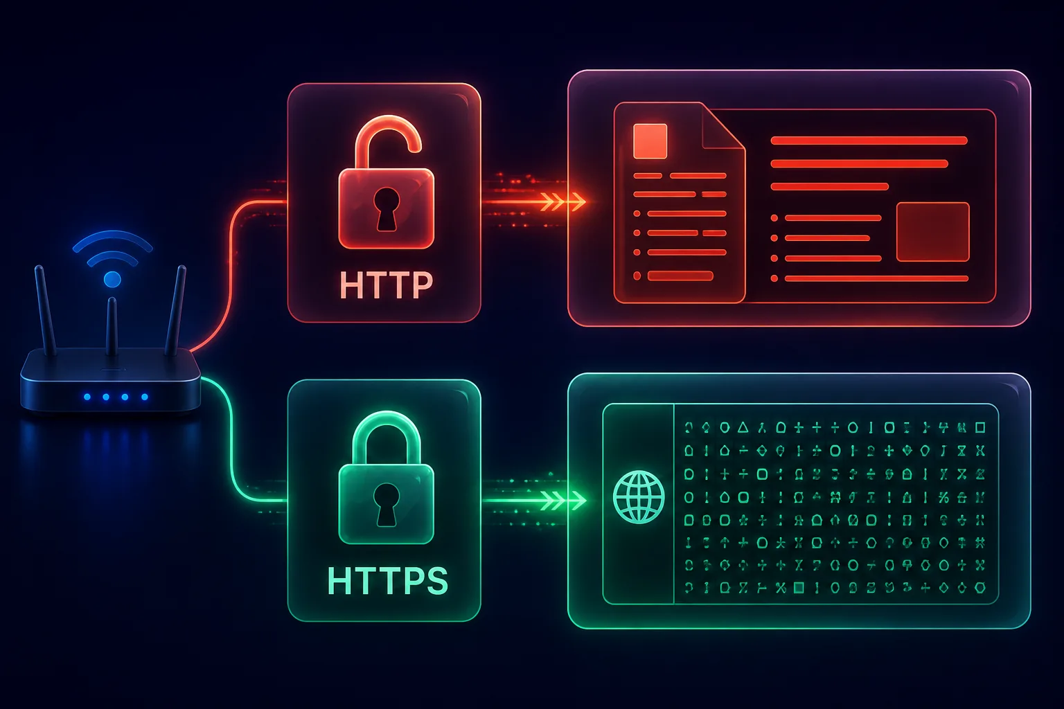 Comparison of HTTP versus HTTPS: HTTP traffic is fully visible, HTTPS traffic shows only the domain while the content is encrypted