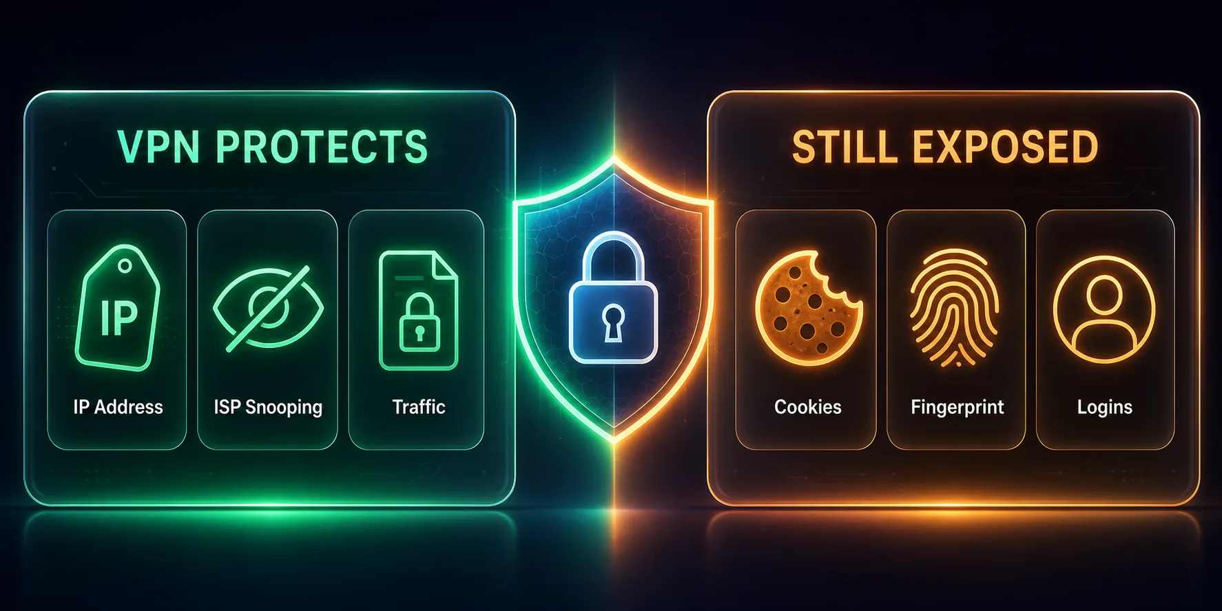 Comparison showing what a VPN protects (IP address, ISP snooping, traffic) versus what is still exposed (cookies, fingerprint, logins)