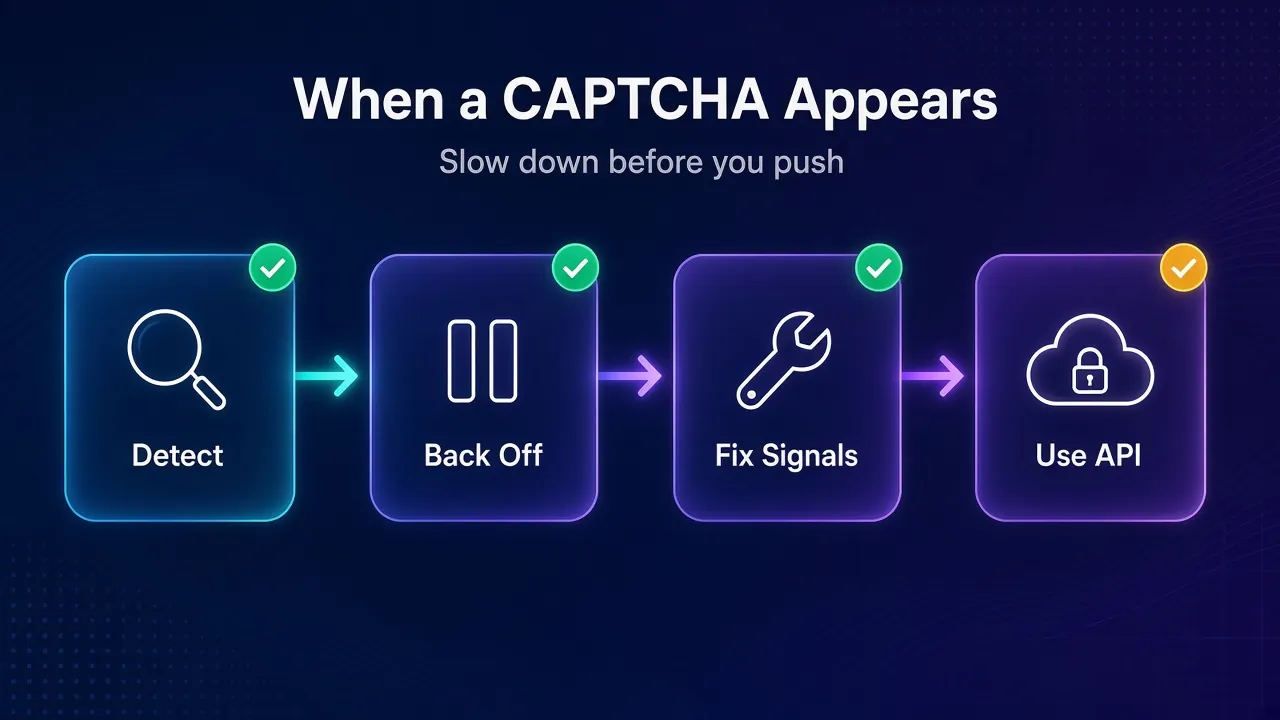 Flow diagram of a scraper CAPTCHA response plan: detect the challenge, back off, fix signals, then use a scraping API