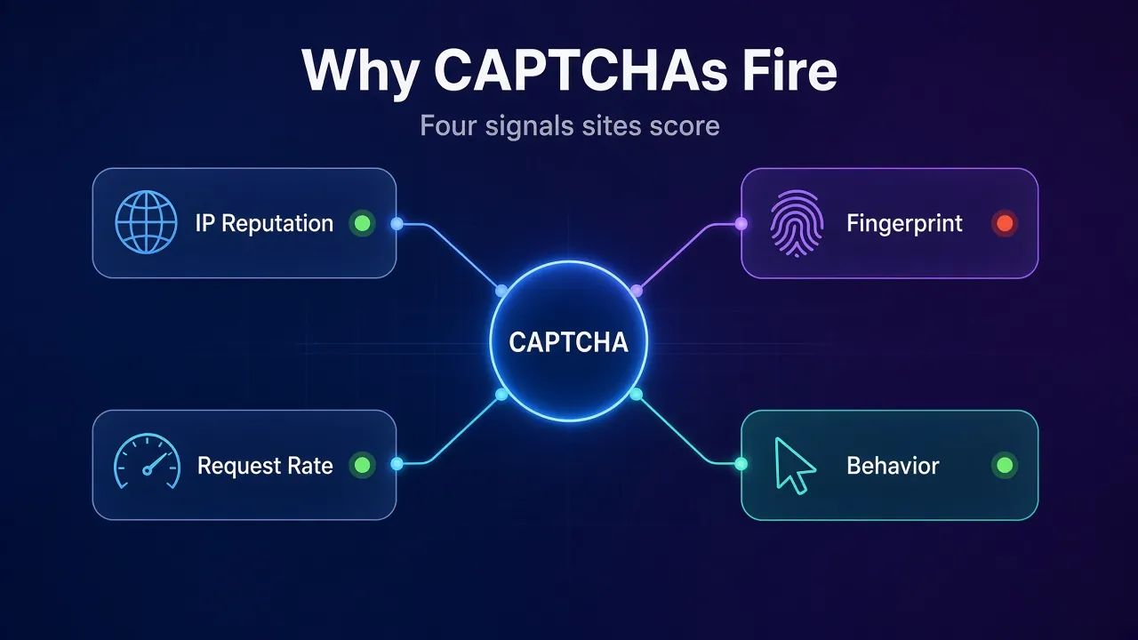 Mind map of why CAPTCHAs fire during web scraping: IP reputation, request rate, fingerprint and behavior signals around a CAPTCHA