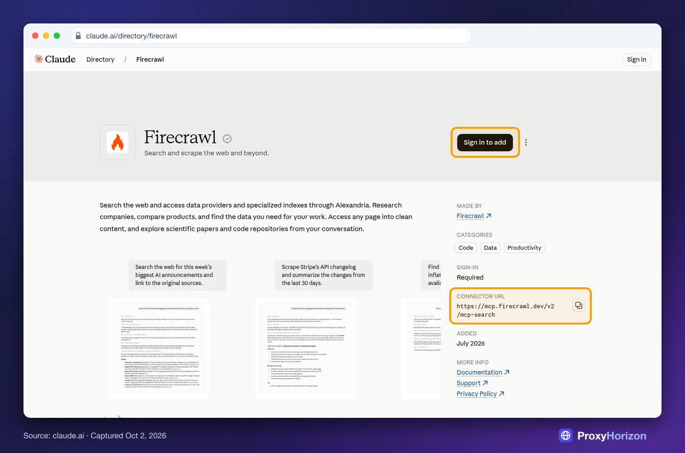 Firecrawl’s listing in Claude’s connector directory with the Sign in to add button and the connector URL mcp.firecrawl.dev/v2/mcp-search