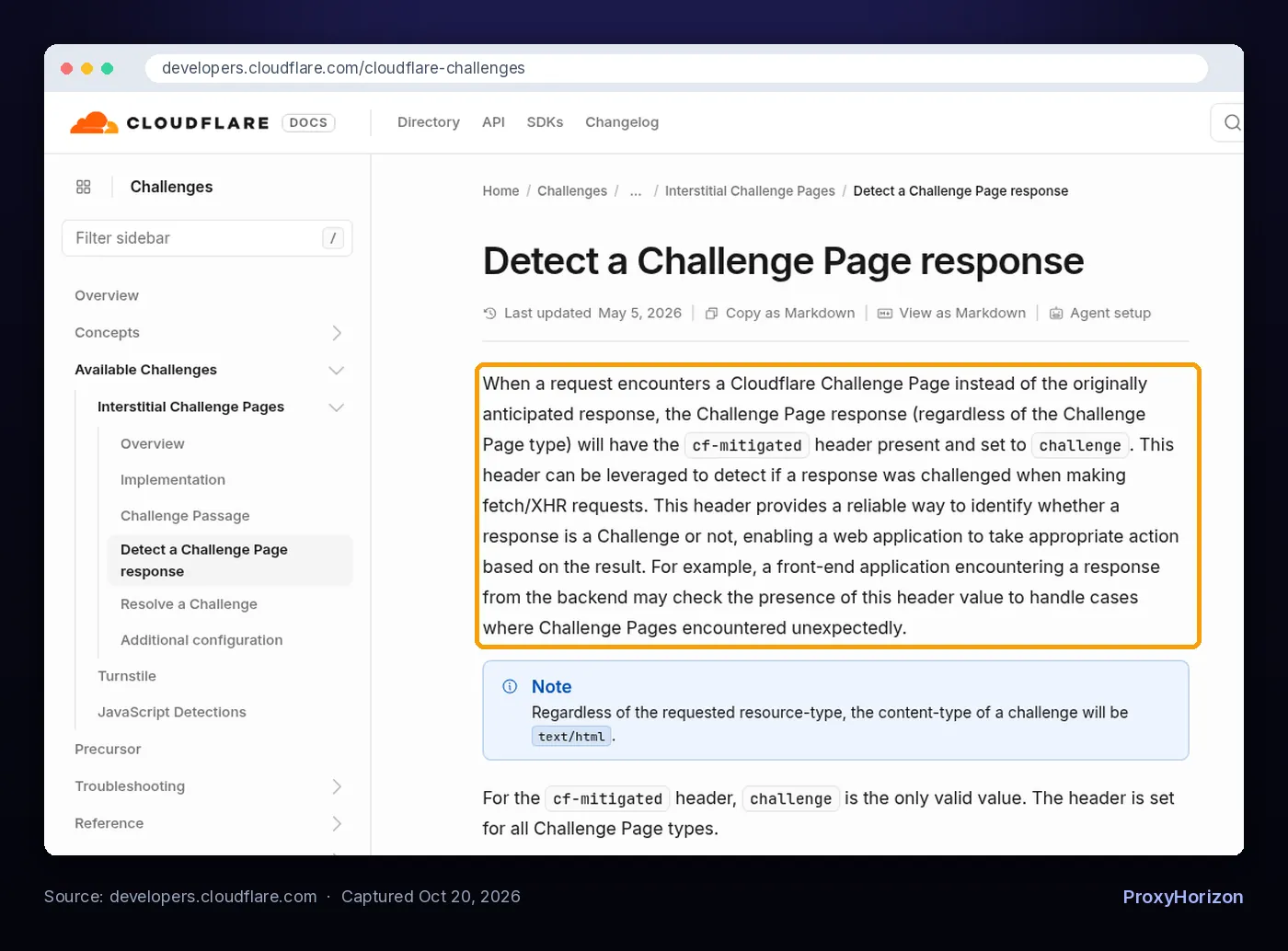 Cloudflare docs page explaining that challenge page responses carry the cf-mitigated header set to challenge, with a text/html content type