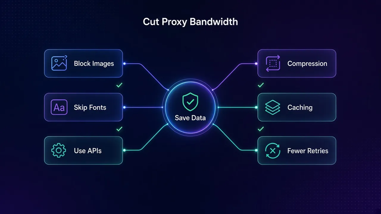 Mind map of ways to cut proxy bandwidth: block images, skip fonts, use APIs, compression, caching and fewer retries