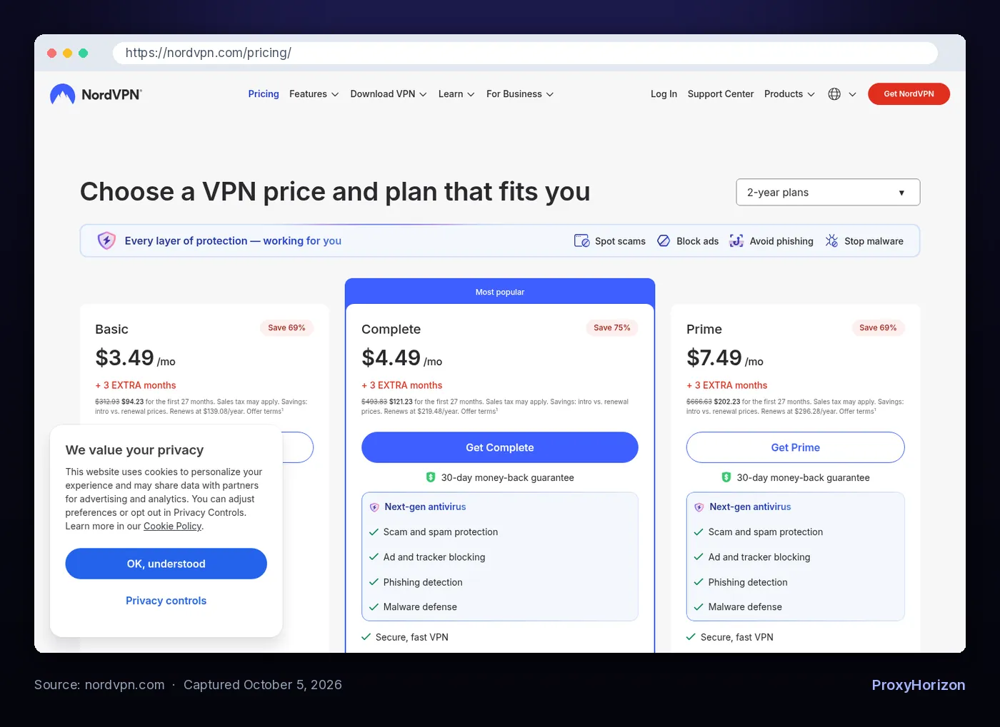 NordVPN pricing page showing 2-year Basic at $3.49 per month and Complete at $4.49 per month, captured October 5, 2026