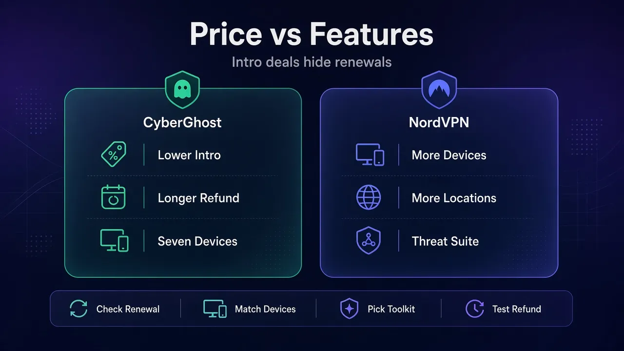 Side-by-side comparison of CyberGhost budget pricing versus NordVPN feature-heavy plans