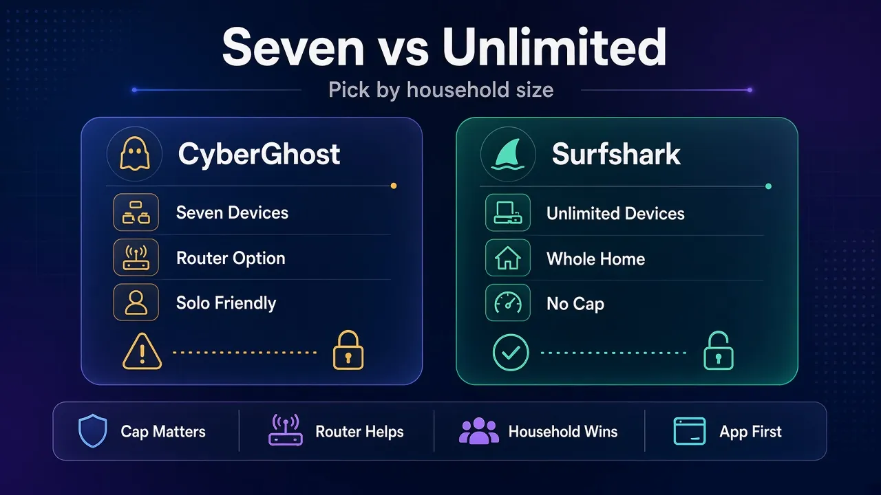 CyberGhost vs Surfshark device limits: seven simultaneous connections against unlimited