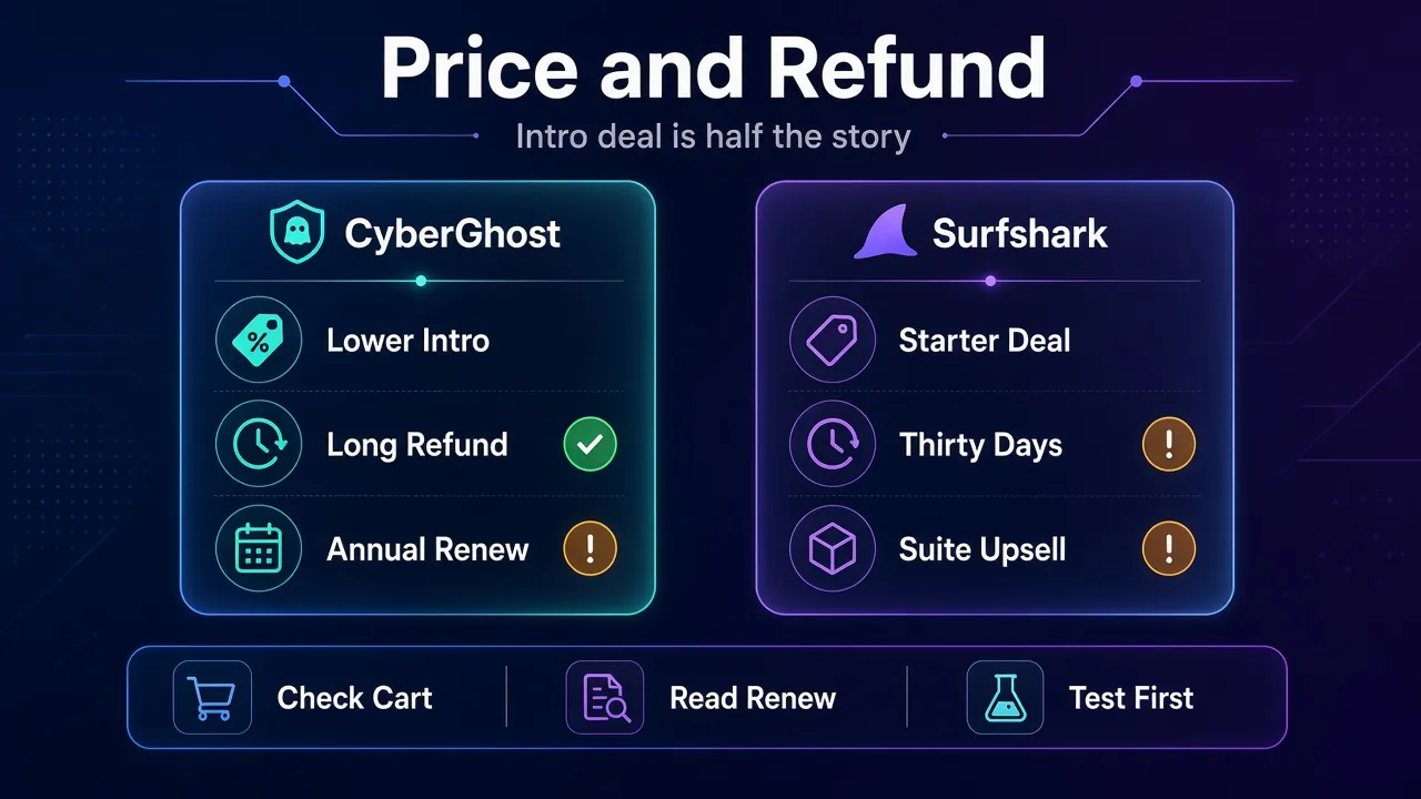 CyberGhost vs Surfshark first-term price and refund windows compared