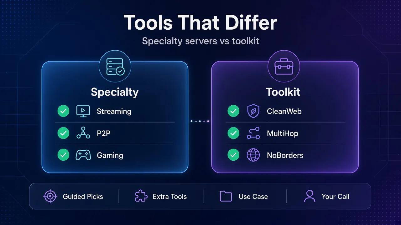 CyberGhost specialty servers versus Surfshark CleanWeb MultiHop and NoBorders toolkit