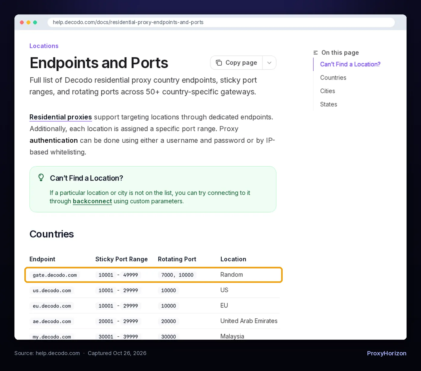 Decodo residential proxy Endpoints and Ports documentation listing gate.decodo.com with sticky port range 10001 to 49999 and rotating ports 7000 and 10000, plus country-specific endpoints