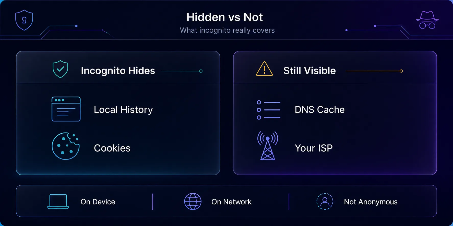 What incognito hides versus what stays visible: it hides local history and cookies, but not your DNS cache or ISP