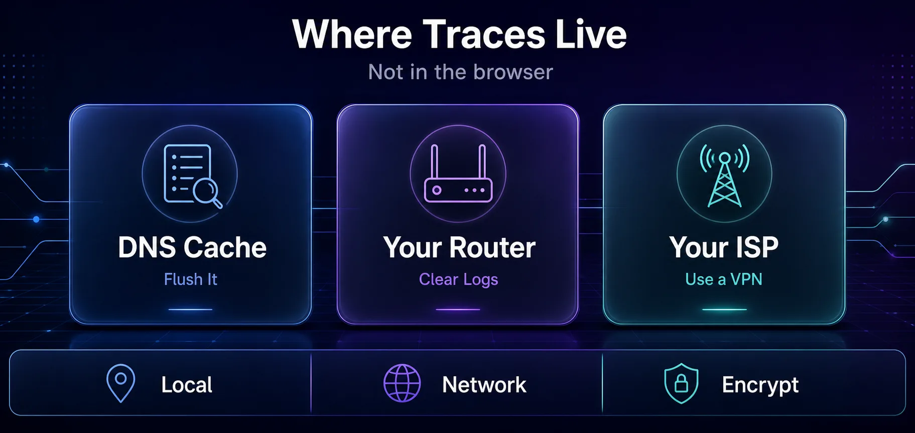 Where incognito traces live: the DNS cache to flush, router logs to clear, and your ISP which needs a VPN