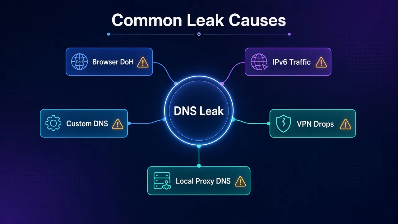 Mind map of common DNS leak causes: browser DoH, IPv6 traffic, custom DNS, VPN drops and local proxy DNS