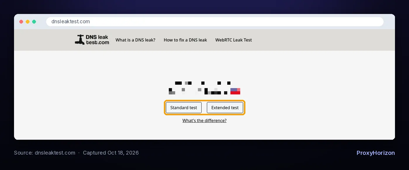 DNSLeakTest.com homepage showing the Standard test and Extended test buttons used to check for DNS leaks