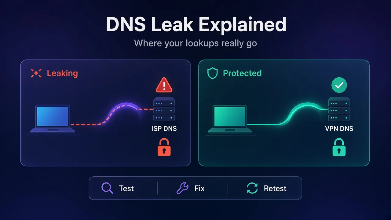 Diagram comparing a DNS leak, where lookups escape the VPN tunnel to the ISP DNS, with protected lookups that stay inside