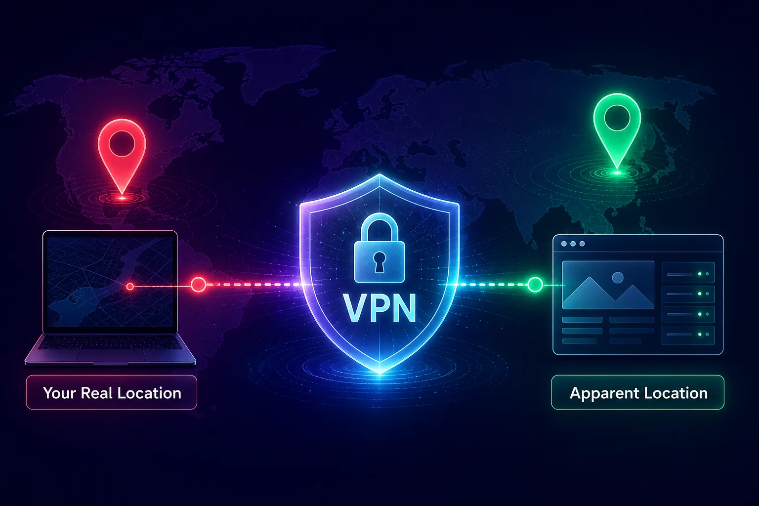 Diagram showing how a VPN changes your apparent location: your real location connects through a VPN to appear from another country