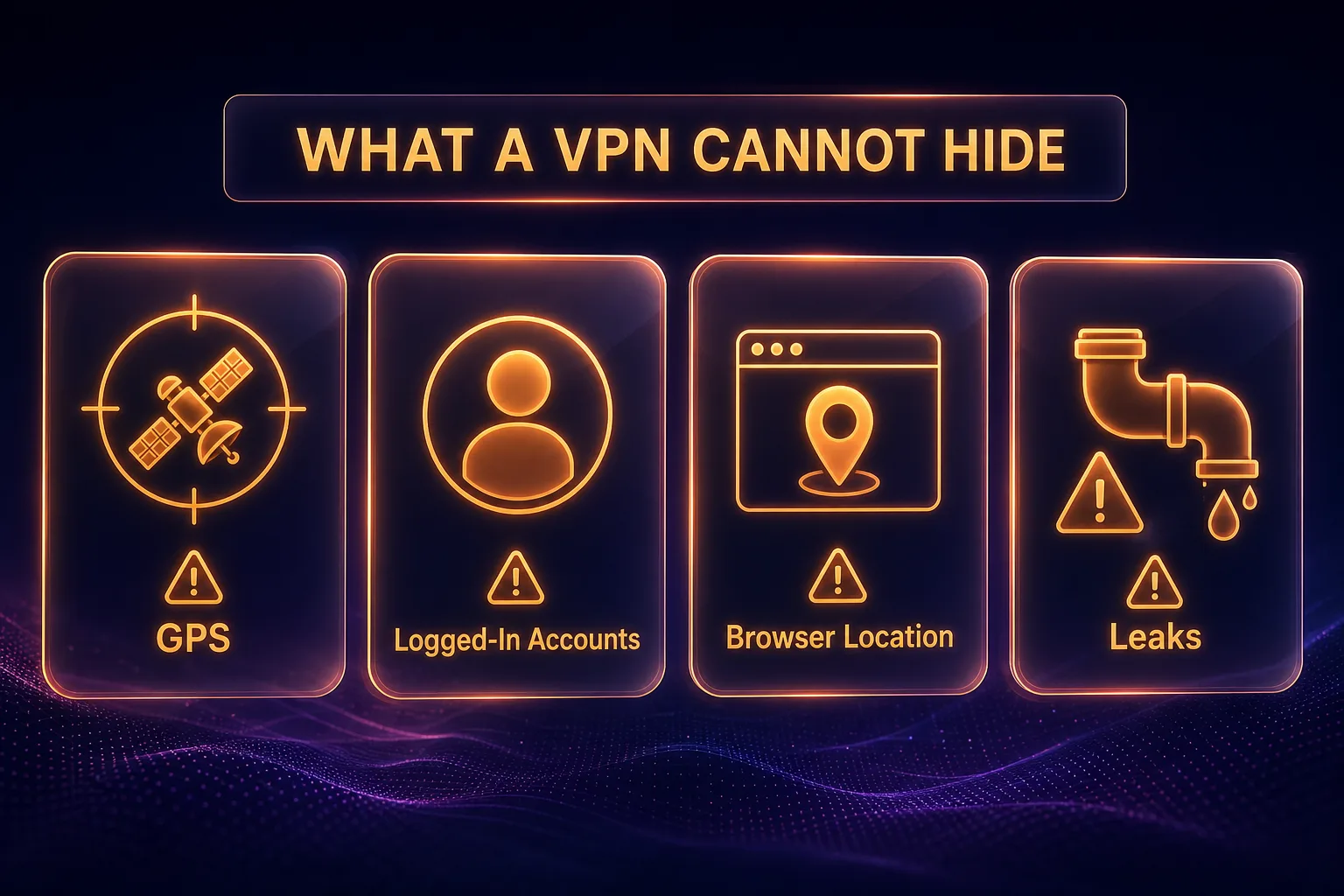 Infographic of what a VPN cannot hide: GPS, logged-in accounts, browser location, and leaks