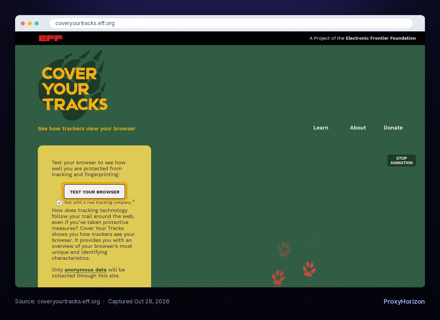 EFF Cover Your Tracks homepage with the Test Your Browser button that checks tracker blocking and fingerprint uniqueness