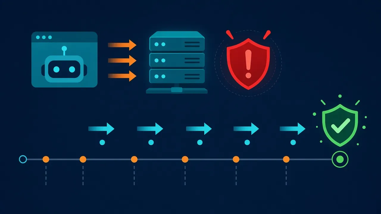 Illustration of a scraper bot sending a burst of requests to a server that triggers a red warning shield, then spaced-out retries along a timeline that end in a green shield
