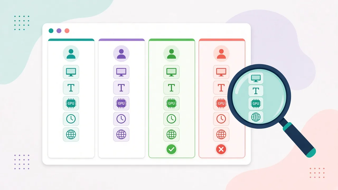 Illustration of a magnifying glass auditing browser profile cards, one consistent profile marked green and one mismatched profile marked red