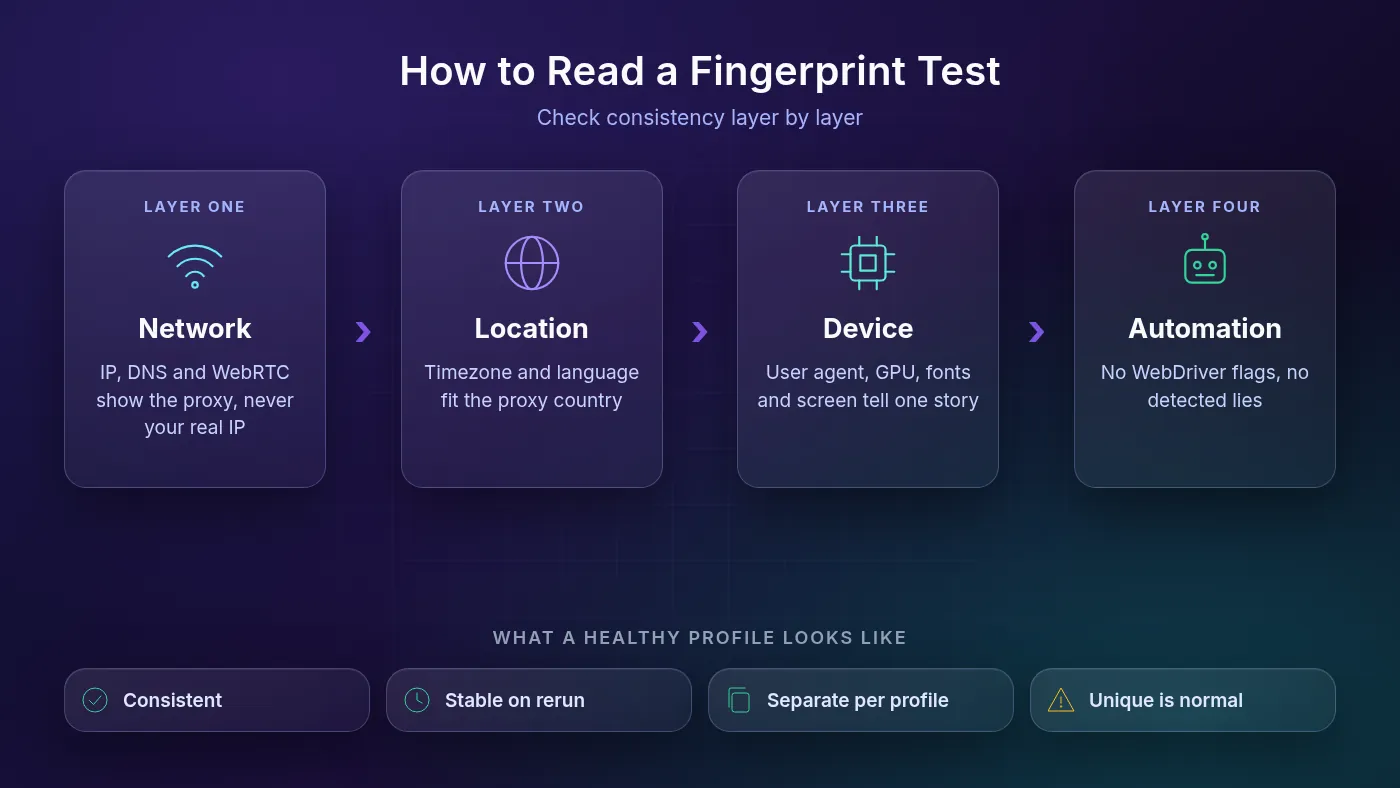 Diagram of how to read a browser fingerprint test in four layers: network, location, device and automation, with signs of a healthy profile