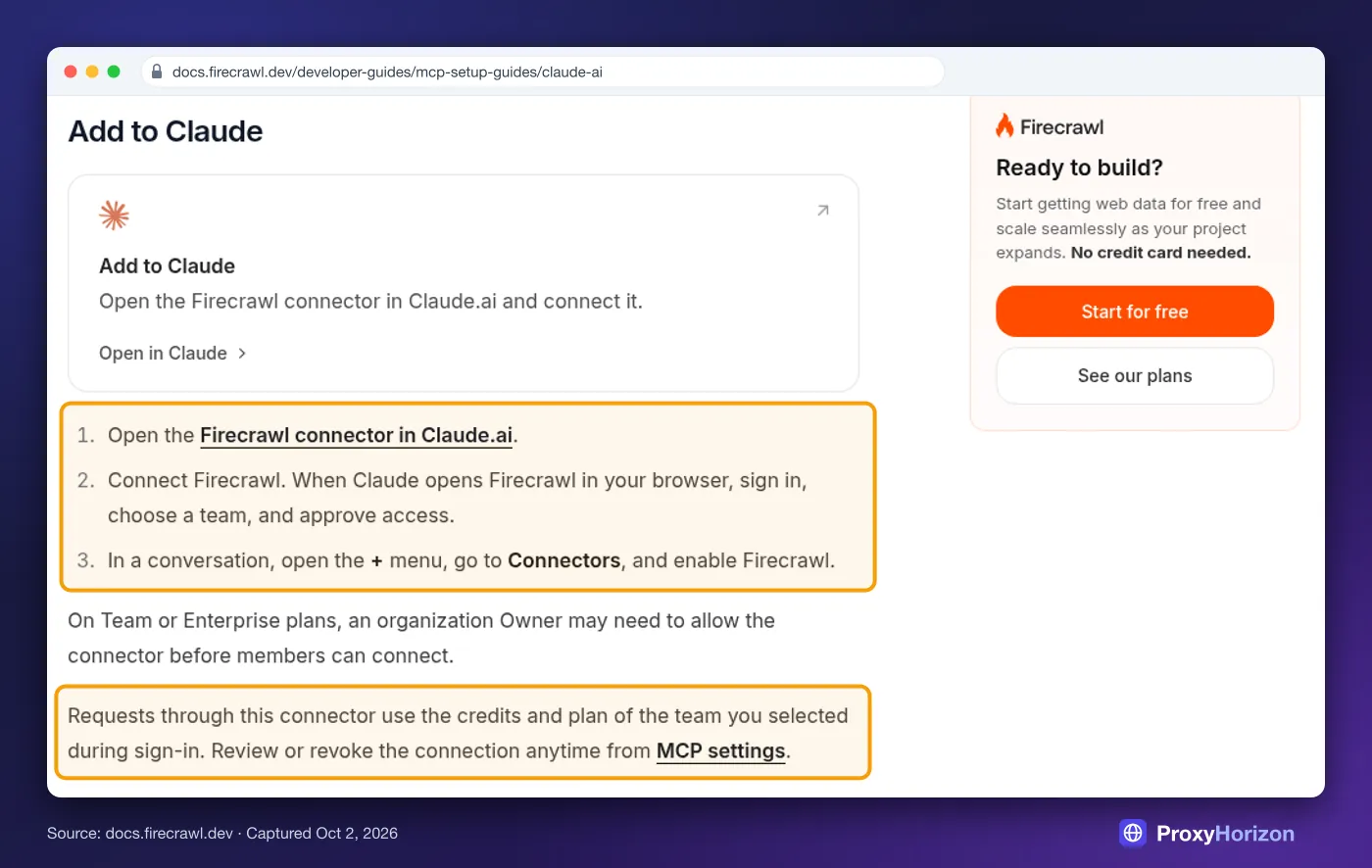 Firecrawl’s Claude setup guide: open the connector, sign in and choose a team, then enable Firecrawl from the Connectors menu
