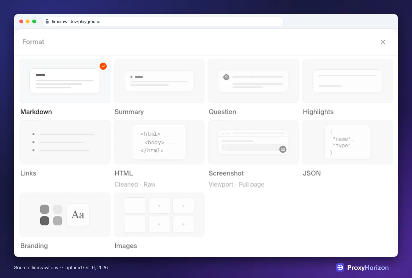 Firecrawl playground format picker listing Markdown, Summary, Question, Highlights, Links, HTML, Screenshot, JSON, Branding and Images