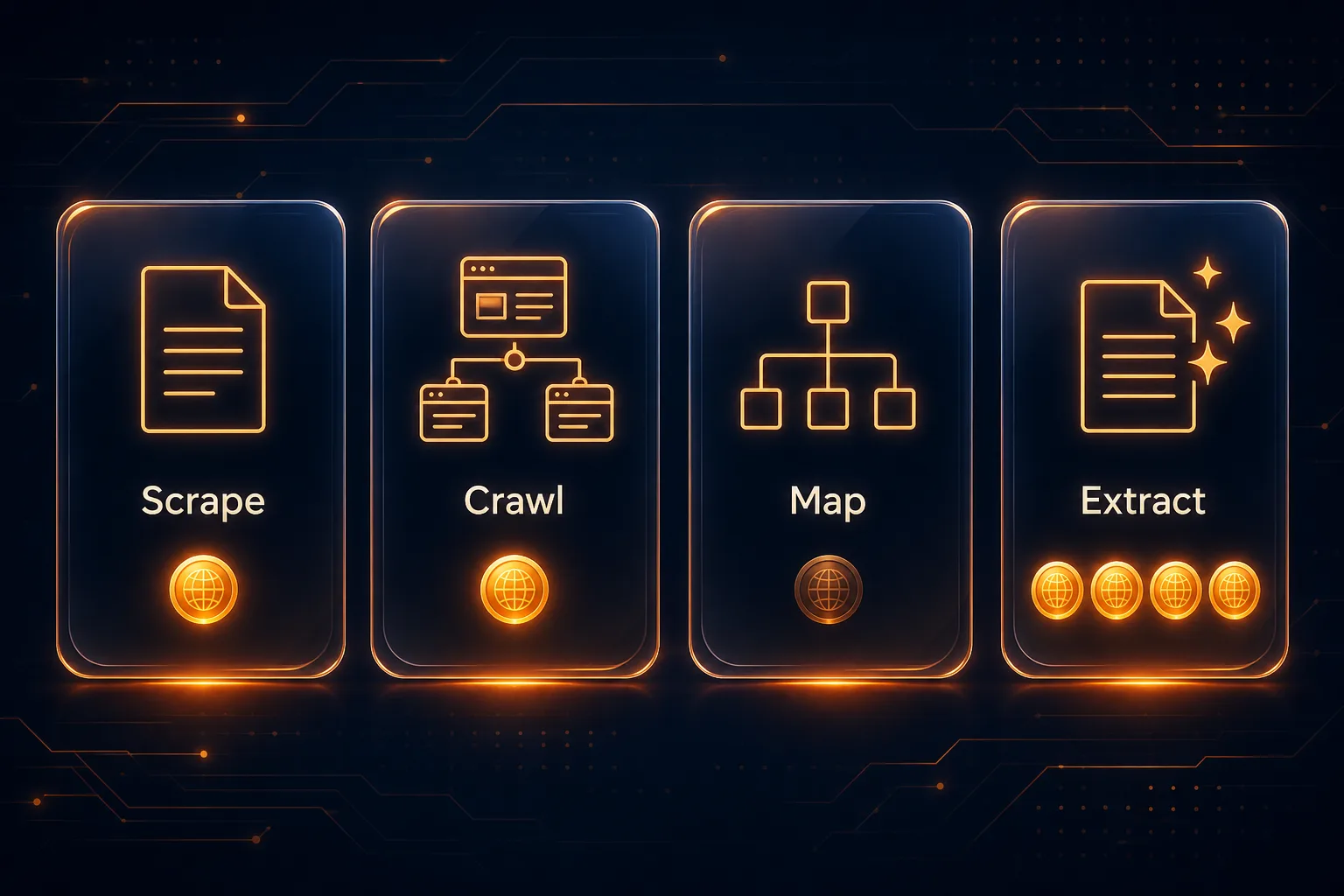 Firecrawl credit cost by endpoint: Scrape and Crawl are about one credit, Map is cheap, and Extract costs several credits