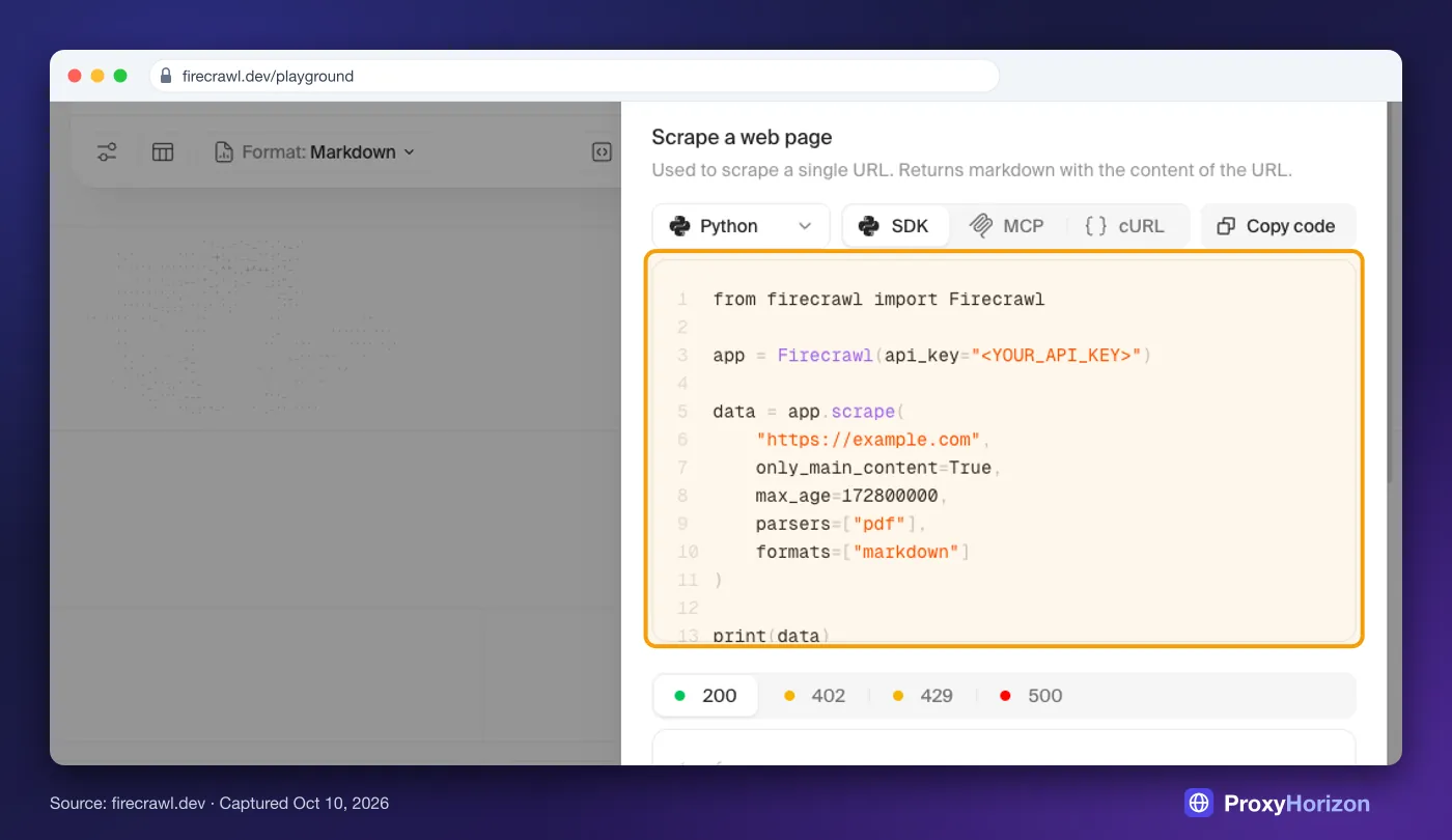 Firecrawl playground code panel showing the Python SDK: from firecrawl import Firecrawl, then app.scrape with only_main_content, max_age, parsers and formats